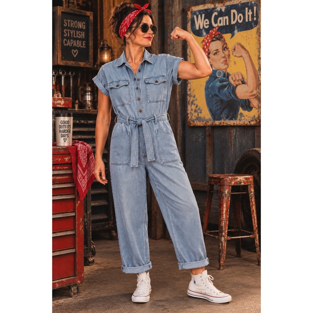 Given Kale M Denim Utility Jumpsuit Light Wash Belted Short Sleeve 100% Cotton